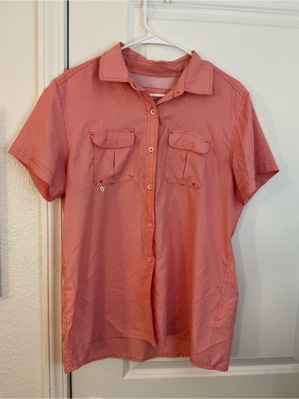 Cabela's Women's Orange & White Micro Gingham Short Sleeve Fishing Shirt Size L